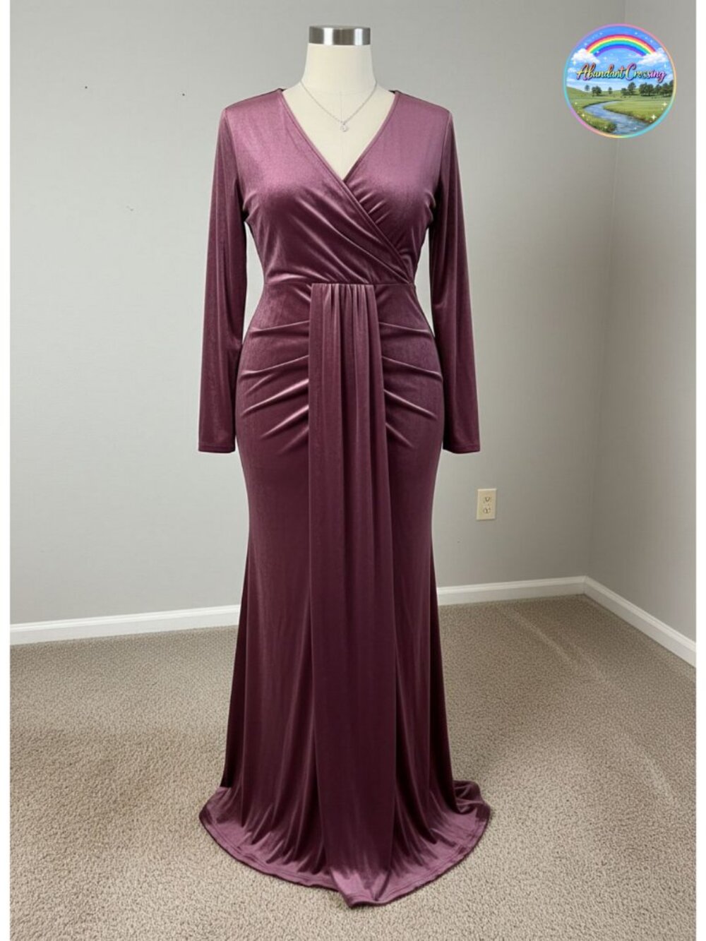 Plus Size Velvet Wrap Maxi Dress Long Sleeve V Neck Mermaid Formal Evening Gown